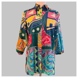 Lauren Ralph Lauren Colorful Geometric Top Vintage Print Buttondown Size XS